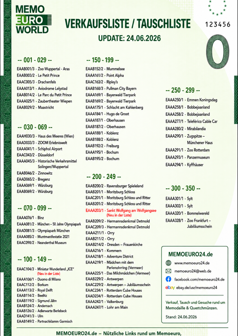 Bestellungen / Tausch und Liste Anfragen an: memoeuro24@web.de